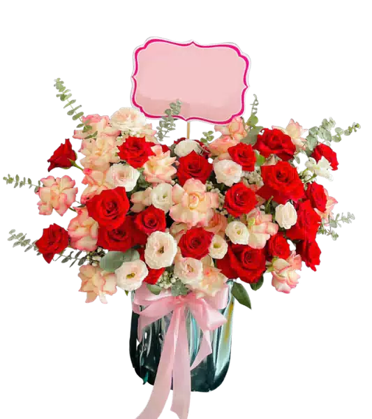 Bình Hoa Hồng Đỏ phối Lan Cymbidium Hồng Kem