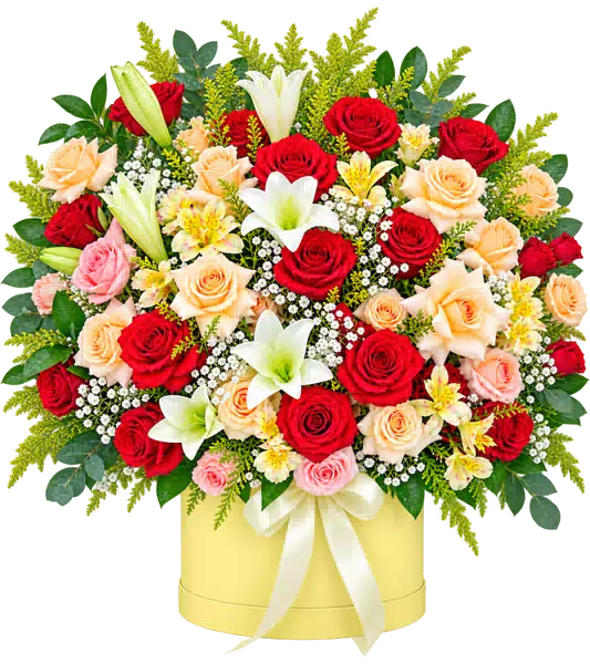 Bình Hoa Hồng Phối Lily Tông Vàng - Cam (Tiêu chuẩn) – Mẫu 0707