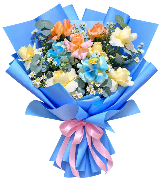 Bó Hoa Hồng Đa Sắc Gói Xanh