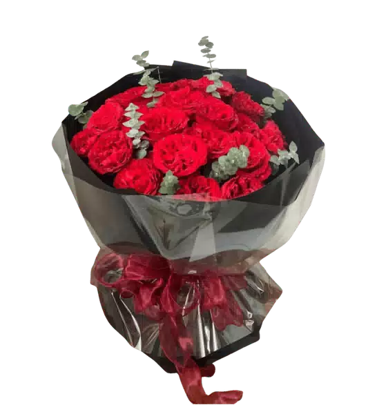 Bó Hoa Hồng Đỏ Dáng Tròn phối Lá Bạc