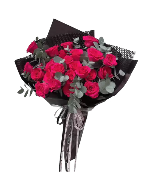 Bó Hoa Hồng Đỏ Hồng Fuchsia phối Lá Bạc