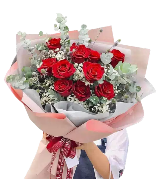 Bó Hoa Hồng Đỏ Phối Baby