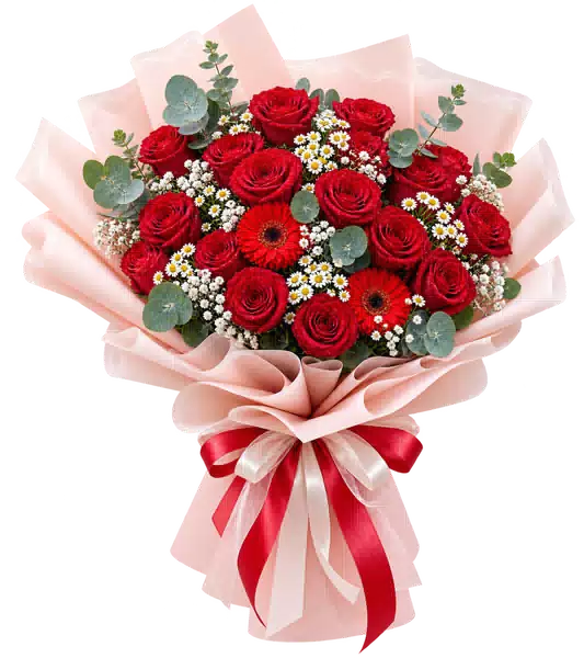 Bó Hoa Hồng Đỏ Phối Đồng Tiền