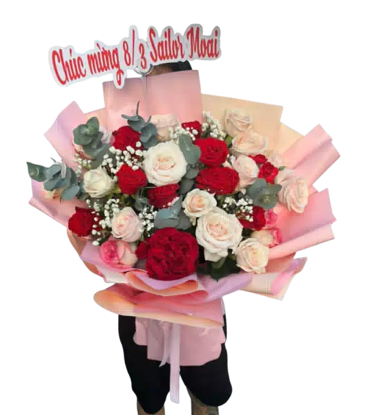 Bó Hoa Hồng Đỏ phối Hồng Kem