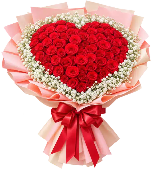 Bó Hoa Hồng Đỏ Trái Tim Cỡ Lớn Gói Hồng