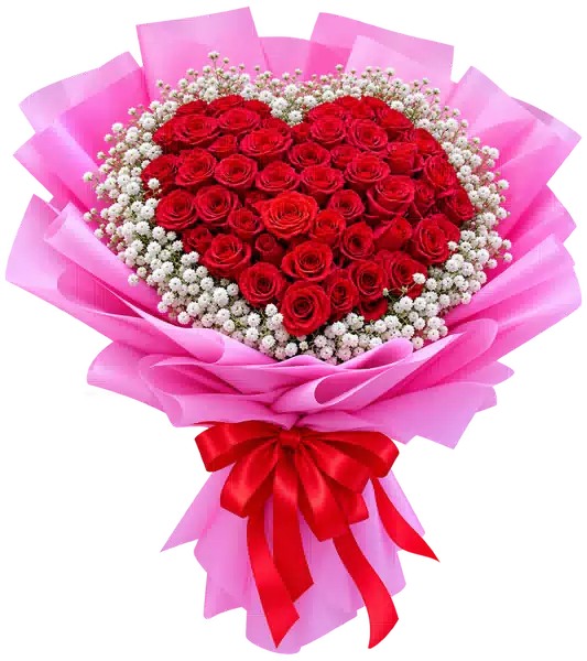 Bó Hoa Hồng Đỏ Trái Tim Gói Hồng