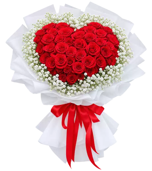 Bó Hoa Hồng Đỏ Trái Tim Gói Trắng Nơ Đỏ