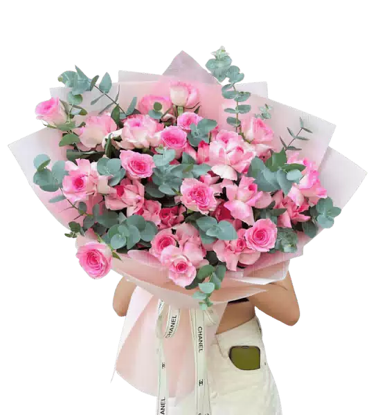 Bó Hoa Hồng Hai sắc Trắng Hồng phối Hồng Đậm và