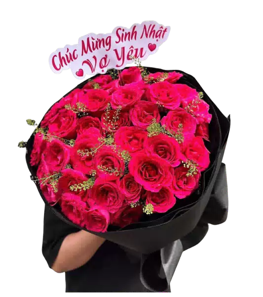 Bó Hoa Hồng Hồng Fuchsia Dáng Tròn