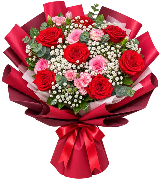 Bó Hoa Hồng Hồng Phối Hoa Phụ (Theo mẫu) – Mẫu 0581
