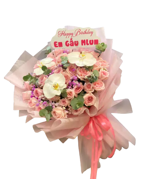 Bó Hoa Hồng Kem Phớt Hồng phối Lan Hồ Điệp Trắng