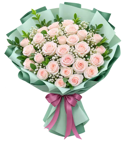Bó Hoa Hồng Phấn Phối Baby Gói Xanh Mint
