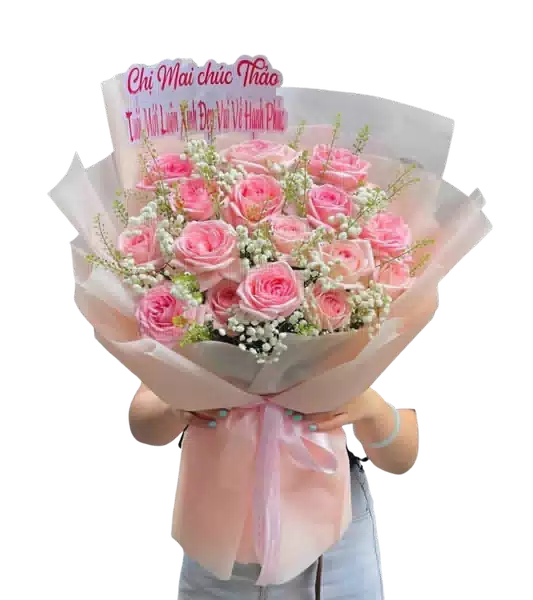 Bó Hoa Hồng Phấn phối Baby Trắng và Lá Xanh