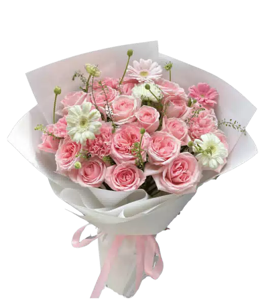Bó Hoa Hồng Phấn phối Đồng Tiền Trắng Hồng và Cành