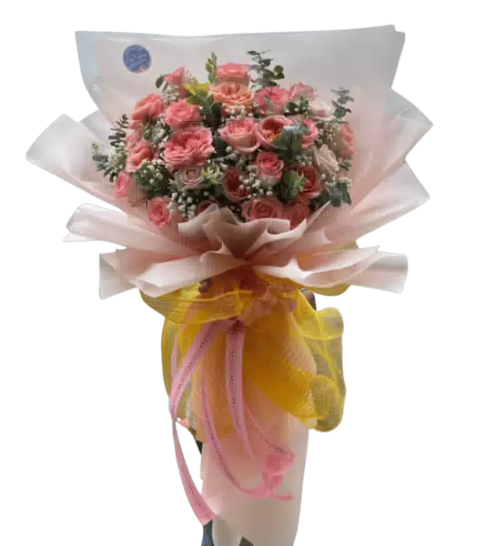 Bó Hoa Hồng San Hô và Hồng Phấn phối Hoa Phụ