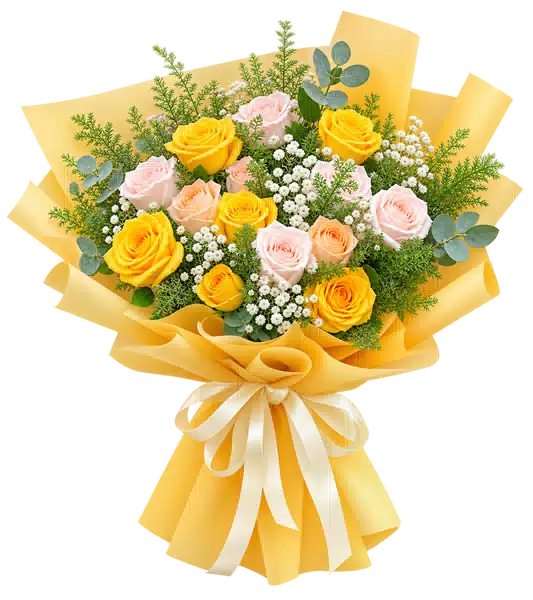 Bó Hoa Hồng Vàng Phối Hoa Phụ (Theo mẫu) – Mẫu 0599
