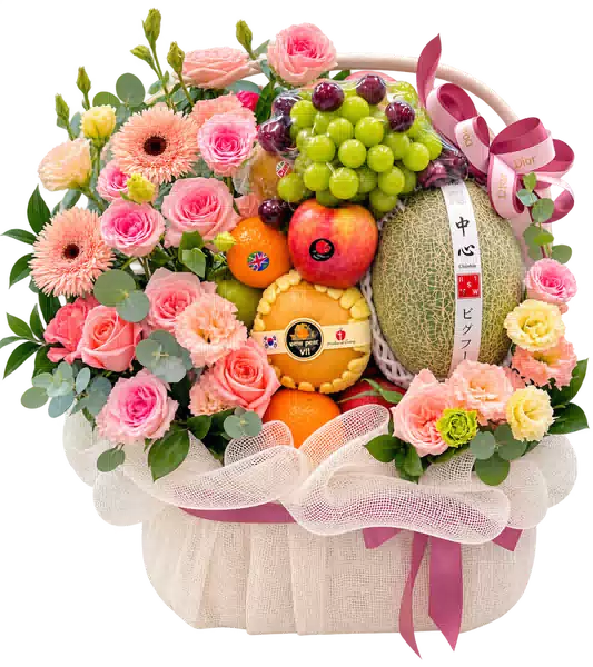 Giỏ Dưa Lưới Nho Xanh Phối Hoa Hồng