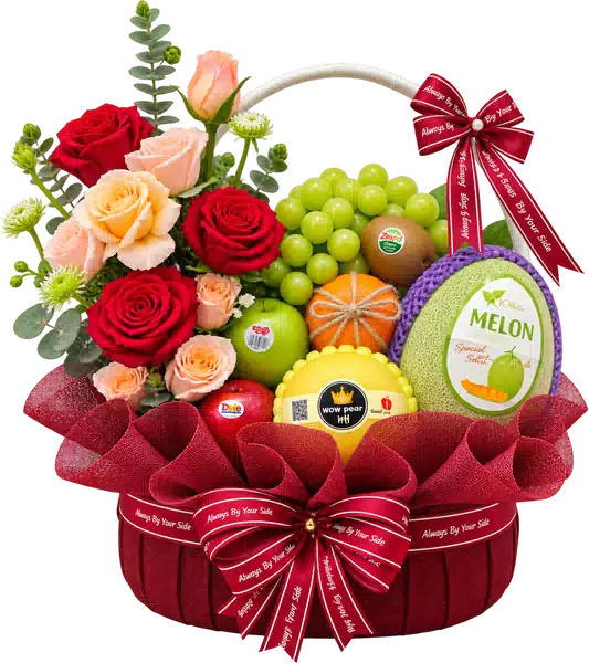 Giỏ Dưa Lưới Nho Xanh Phối Hoa Hồng Đỏ (Vừa) – Mẫu 0914