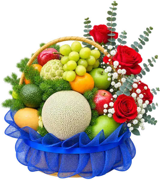 Giỏ Dưa Lưới Nho Xanh Phối Hoa Hồng Đỏ (Vừa) – Mẫu 0889