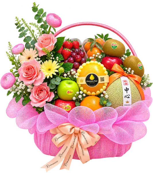 Giỏ Dưa Lưới Phối Hoa Hồng Hồng