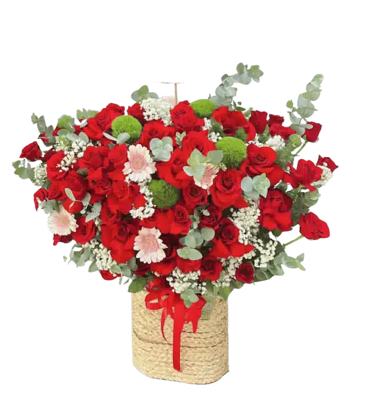 Giỏ Hoa Hồng Đỏ phối Cúc Nút Xanh