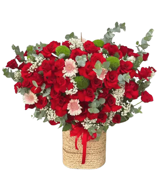 Giỏ Hoa Hồng Đỏ phối Đồng Tiền Hồng Phấn