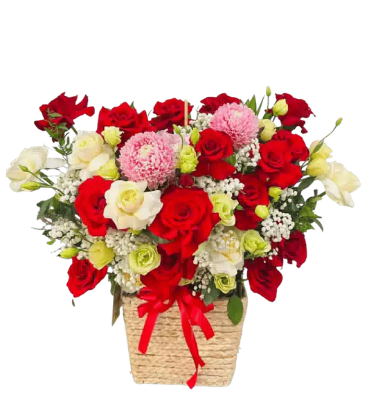 Giỏ Hoa Hồng Đỏ phối Hồng Kem