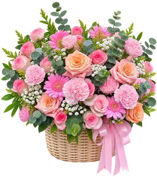 Giỏ Hoa Hồng Phối Cúc Và Hoa Phụ Tông Hồng Pastel (Tiêu chuẩn) – Mẫu 0723