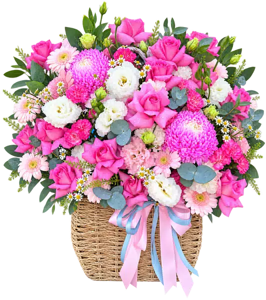 Giỏ Hoa Hồng Phối Cúc Và Hoa Phụ Tông Hồng Pastel (Tiêu chuẩn) – Mẫu 0710