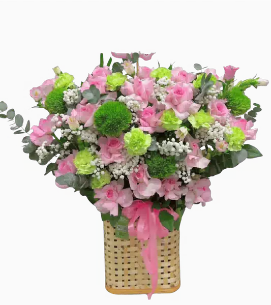 Giỏ Hoa Hồng và Cát Tường Hồng Phấn phối Cúc Xanh