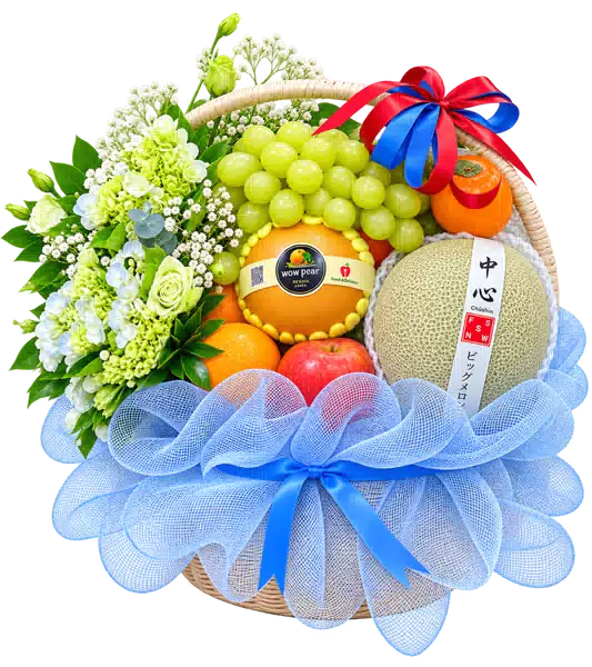 Giỏ Nho Xanh Dưa Lưới Phối Hoa Trắng