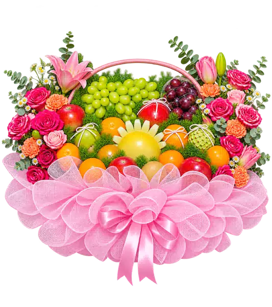 Giỏ Nho Xanh Nho Đỏ Phối Hoa Hồng