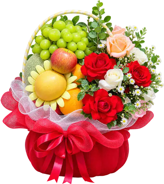Giỏ Nho Xanh Phối Hoa Hồng Đỏ (Lớn) – Mẫu 0987