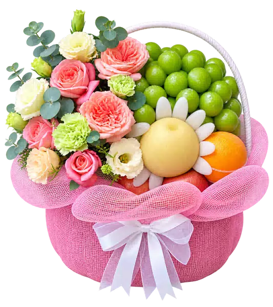 Giỏ Nho Xanh Phối Hoa Hồng Hồng (Vừa) – Mẫu 0981