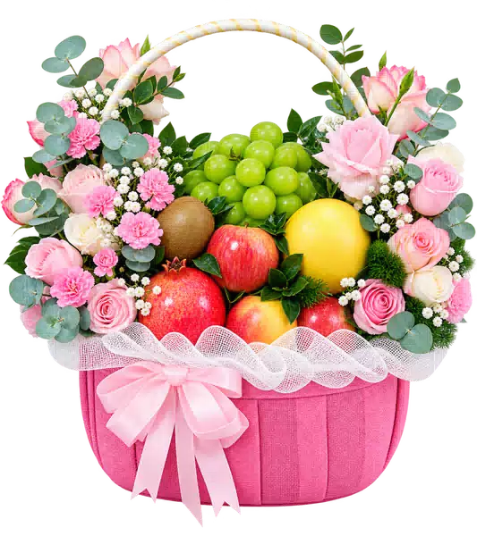 Giỏ Nho Xanh Phối Hoa Hồng Pastel (Vừa) – Mẫu 0888