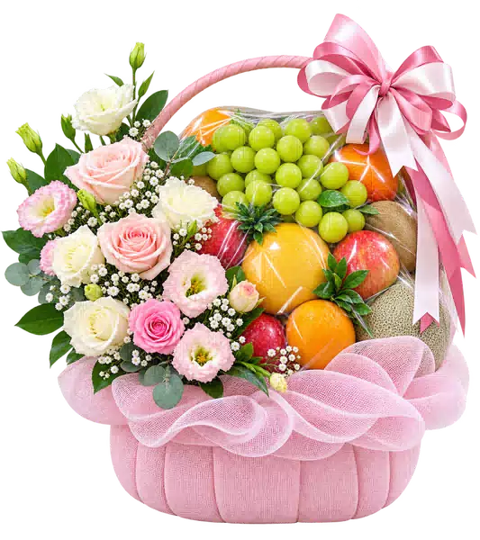 Giỏ Nho Xanh Phối Hoa Hồng Phấn (Lớn) – Mẫu 0906