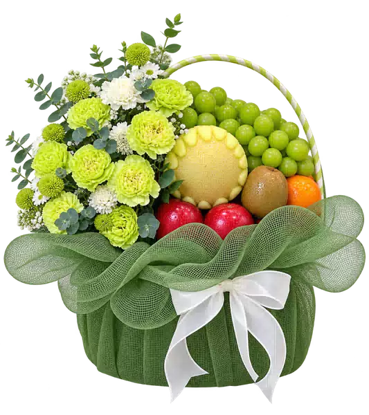 Giỏ Nho Xanh Phối Hoa Xanh Trắng