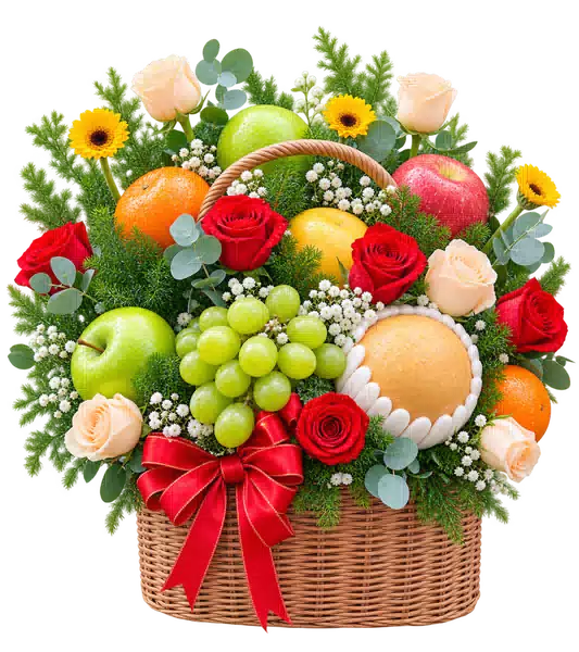 Giỏ Trái Cây Phối Hoa Hồng Đỏ Kem