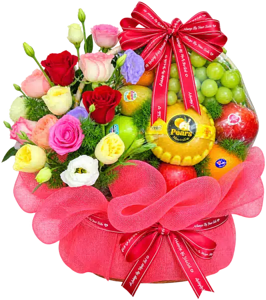 Giỏ Trái Cây Phối Hoa Hồng Nhiều Màu (Vừa) – Mẫu 0867