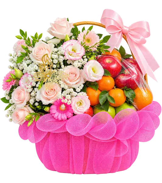 Giỏ Trái Cây Phối Hoa Hồng Pastel (Vừa) – Mẫu 0964