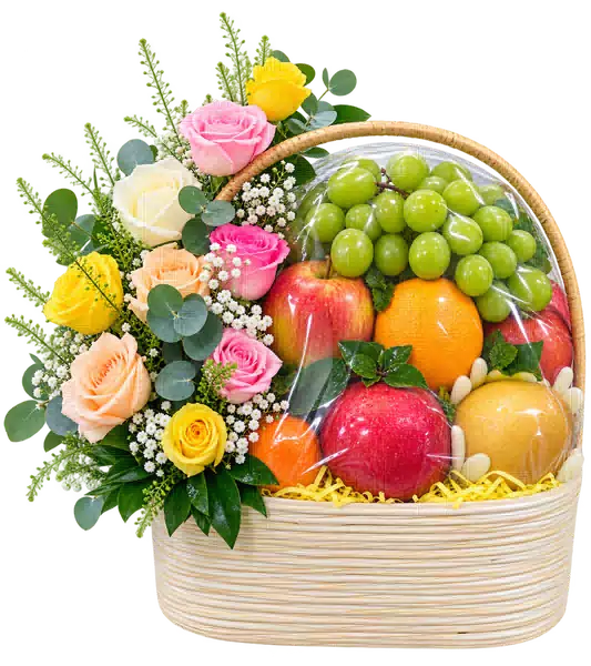 Giỏ Trái Cây Phối Hoa Hồng Pastel (Vừa) – Mẫu 0881