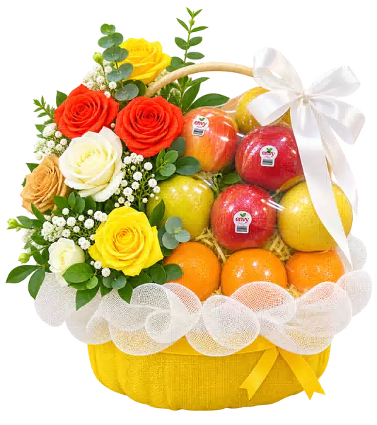 Giỏ Trái Cây Phối Hoa Hồng Vàng Cam