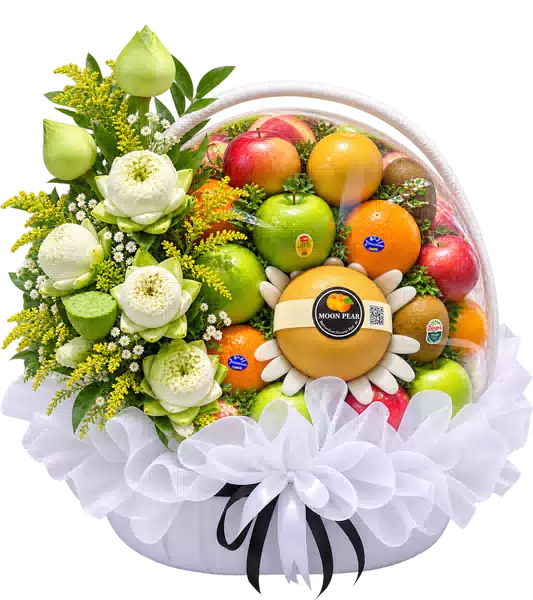 Giỏ Trái Cây Phối Hoa Trắng Xanh (Vừa) – Mẫu 0943