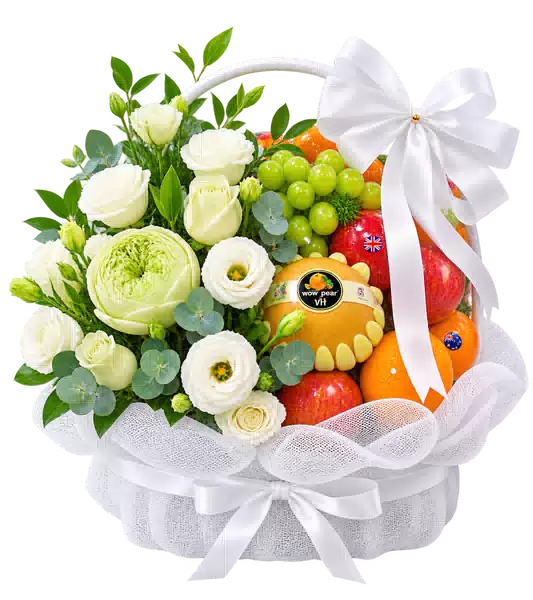 Giỏ Trái Cây Phối Hoa Trắng Xanh (Vừa) – Mẫu 0924
