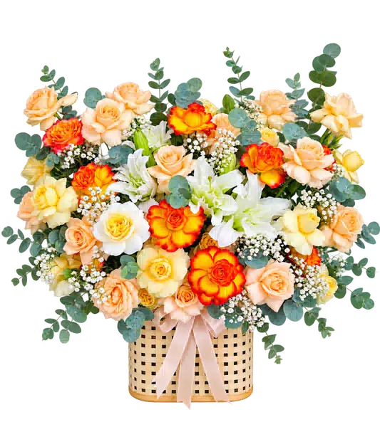 Hộp Hoa Hồng Phối Lily Tông Vàng - Cam (Tiêu chuẩn) – Mẫu 0674