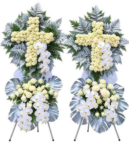 Kệ Hoa Viếng Hình Thánh Giá Trắng Xanh (Vừa) – Mẫu 1406