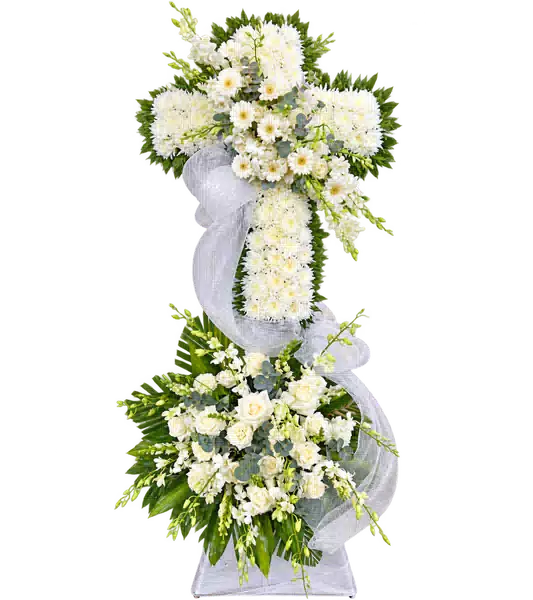 Kệ Hoa Viếng Hình Thánh Giá Trắng Xanh (Vừa) – Mẫu 1389