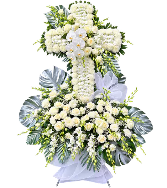 Kệ Hoa Viếng Hình Thánh Giá Trắng Xanh (Vừa) – Mẫu 1398