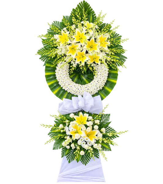 Kệ Hoa Viếng Lan Trắng Ly Vàng Hai Tầng (Tiêu chuẩn) – Mẫu 1221