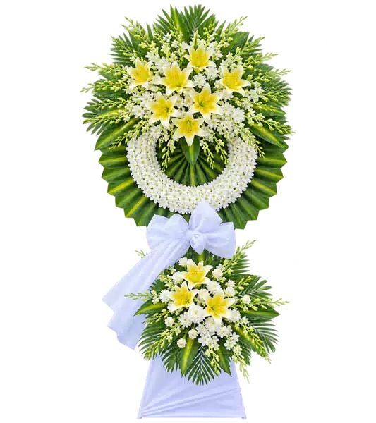 Kệ Hoa Viếng Lan Trắng Ly Vàng Hai Tầng (Tiêu chuẩn) – Mẫu 1219